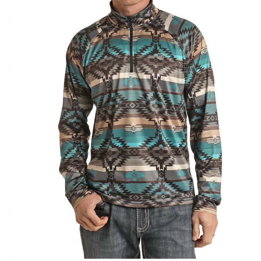 NEW PANHANDLE aztec quarter zip pullover sweater in brown/indigo